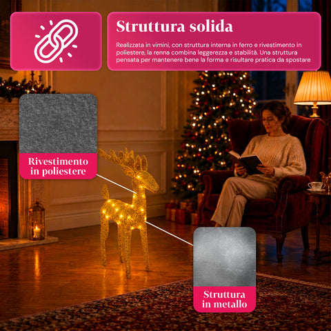 Világító, csillámos rénszarvas 90 cm meleg fényű LED-del | Fonott karácsonyi dekoráció – 2 kivitel, 3 szín
