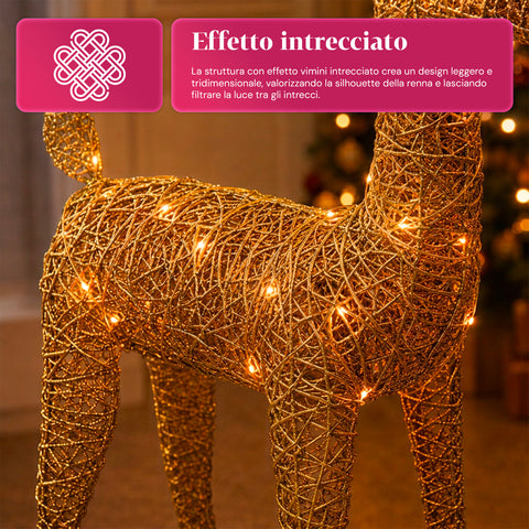 Világító, csillámos rénszarvas 90 cm meleg fényű LED-del | Fonott karácsonyi dekoráció – 2 kivitel, 3 szín