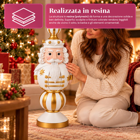 Statuetta Natalizia 76 cm in Resina, Decorazione Babbo Natale e Soldatino Schiaccianoci, Bianco o Rosso