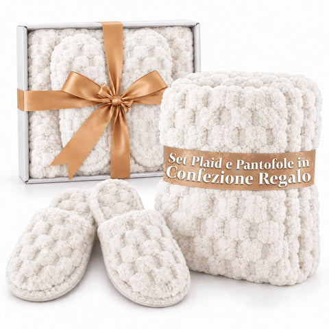 Set Coperta e Pantofole Soffici e Avvolgenti | Plaid Morbido 130x160 cm, Ciabatte Taglia Unica, 4 Colori