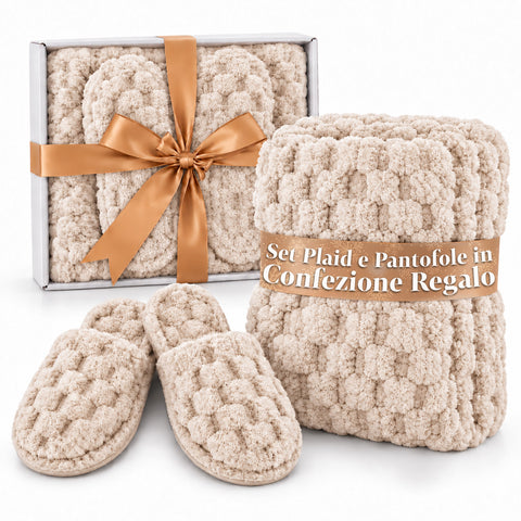 Set Coperta e Pantofole Soffici e Avvolgenti | Plaid Morbido 130x160 cm, Ciabatte Taglia Unica, 4 Colori