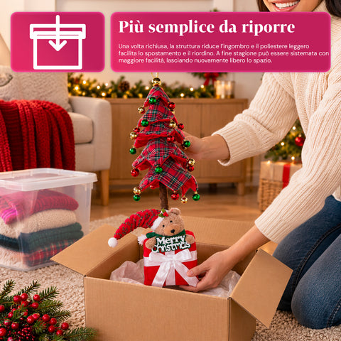 Kihúzható dekoratív karácsonyfa 95 cm és 90 cm méretben, poliészterből, ajándékcsomag-alappal, piros, zöld és arany gömbökkel – 3 színváltozat