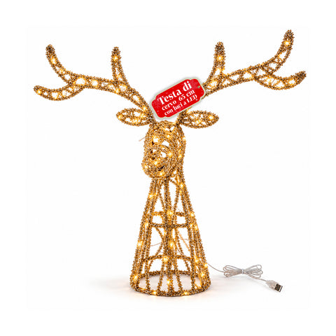 Cervo Luminoso LED Glitter Oro – Decorazione Natalizia con Luce Calda USB