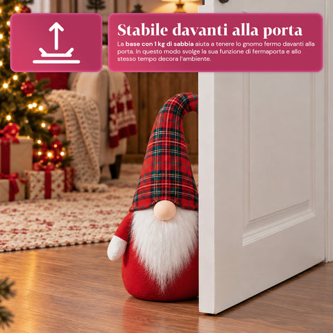 60 cm-es karácsonyi manó ajtókitámasztó LED-es orral, 3 fényüzemmóddal, 1 kg homokkal töltve, puha poliészterből - Bindbox
