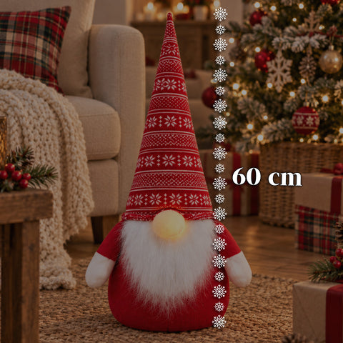 60 cm-es karácsonyi manó ajtókitámasztó LED-es orral, 3 fényüzemmóddal, 1 kg homokkal töltve, puha poliészterből - Bindbox