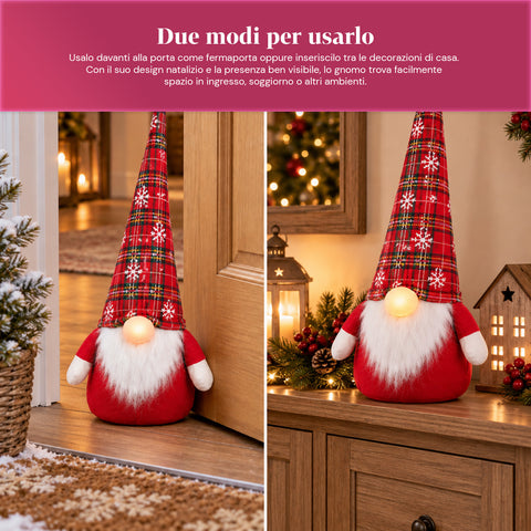 60 cm-es karácsonyi manó ajtókitámasztó LED-es orral, 3 fényüzemmóddal, 1 kg homokkal töltve, puha poliészterből - Bindbox