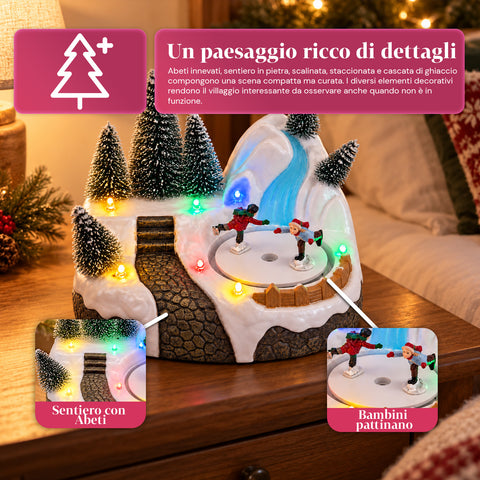 Világító, forgó karácsonyi falu zenével – 3 változat: fa, Mikulás, gyerekek – 17x14x15 cm