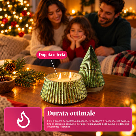 Candela Profumata in Vetro Decorato a Forma di Sfera o Albero – Fragranze Pino, Cannella e Vaniglia – Contenitore Riutilizzabile