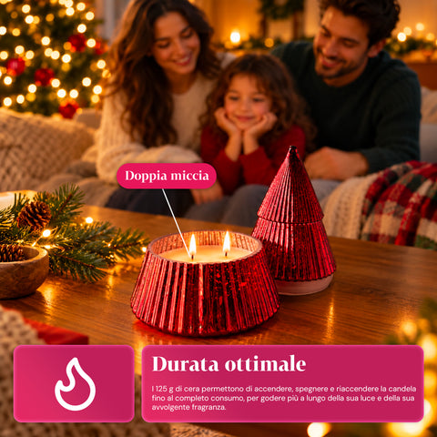 Candela Profumata in Vetro Decorato a Forma di Sfera o Albero – Fragranze Pino, Cannella e Vaniglia – Contenitore Riutilizzabile