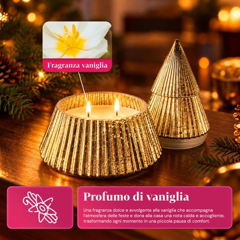 Candela Profumata in Vetro Decorato a Forma di Sfera o Albero – Fragranze Pino, Cannella e Vaniglia – Contenitore Riutilizzabile