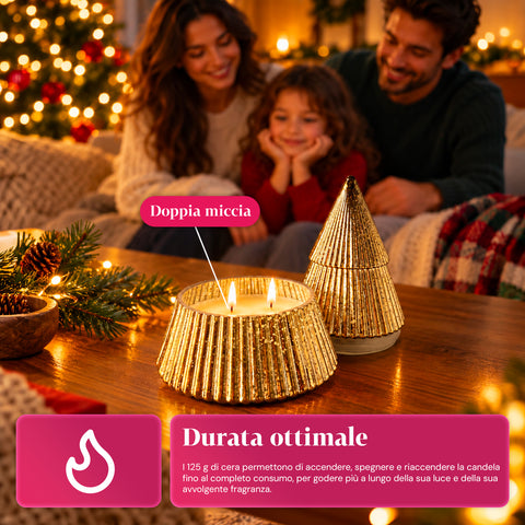 Candela Profumata in Vetro Decorato a Forma di Sfera o Albero – Fragranze Pino, Cannella e Vaniglia – Contenitore Riutilizzabile