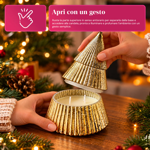 Candela Profumata in Vetro Decorato a Forma di Sfera o Albero – Fragranze Pino, Cannella e Vaniglia – Contenitore Riutilizzabile