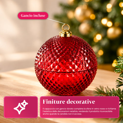 Candela Profumata in Vetro Decorato a Forma di Sfera o Albero – Fragranze Pino, Cannella e Vaniglia – Contenitore Riutilizzabile
