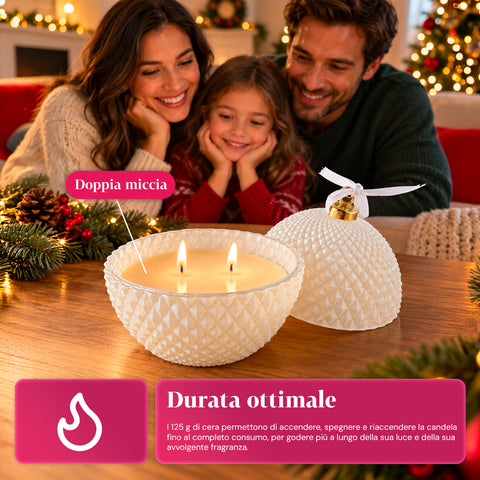 Candela Profumata in Vetro Decorato a Forma di Sfera o Albero – Fragranze Pino, Cannella e Vaniglia – Contenitore Riutilizzabile