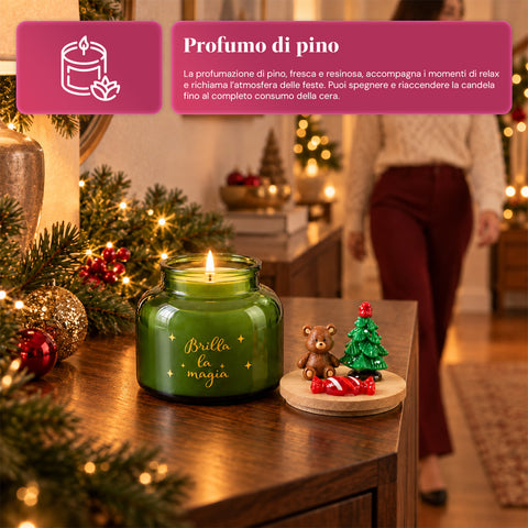 Illatos gyertya üvegedényben, díszített fedéllel – fenyő-, fahéj- és vaníliaillat – feliratos, újrahasználható tartó