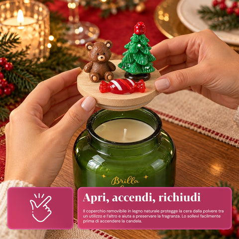 Illatos gyertya üvegedényben, díszített fedéllel – fenyő-, fahéj- és vaníliaillat – feliratos, újrahasználható tartó