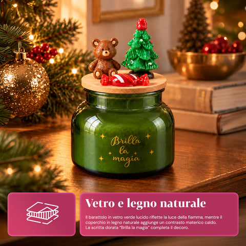 Illatos gyertya üvegedényben, díszített fedéllel – fenyő-, fahéj- és vaníliaillat – feliratos, újrahasználható tartó