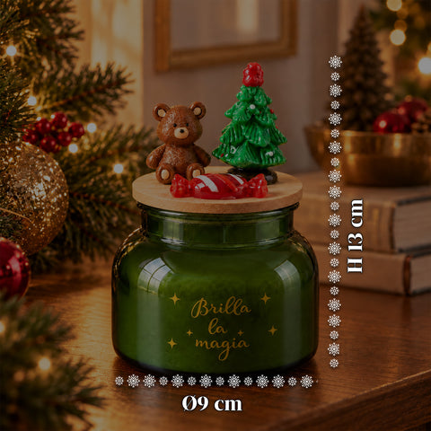 Illatos gyertya üvegedényben, díszített fedéllel – fenyő-, fahéj- és vaníliaillat – feliratos, újrahasználható tartó