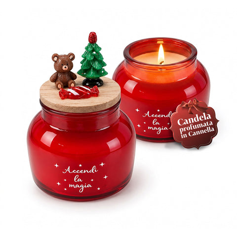 Candela Profumata in Barattolo di Vetro con Coperchio Decorato – Fragranze Pino, Cannella e Vaniglia – Contenitore Riutilizzabile con Scritta