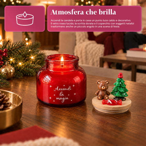 Candela Profumata in Barattolo di Vetro con Coperchio Decorato – Fragranze Pino, Cannella e Vaniglia – Contenitore Riutilizzabile con Scritta