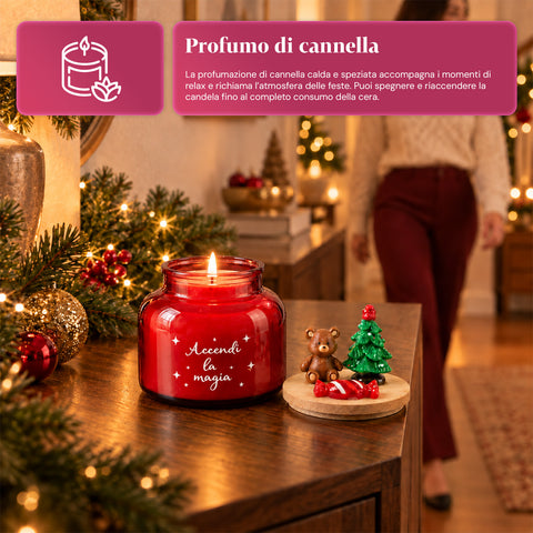Candela Profumata in Barattolo di Vetro con Coperchio Decorato – Fragranze Pino, Cannella e Vaniglia – Contenitore Riutilizzabile con Scritta