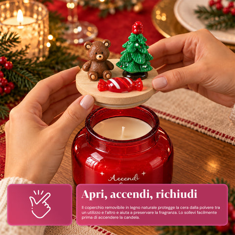 Candela Profumata in Barattolo di Vetro con Coperchio Decorato – Fragranze Pino, Cannella e Vaniglia – Contenitore Riutilizzabile con Scritta