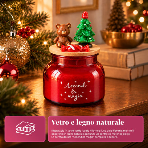 Candela Profumata in Barattolo di Vetro con Coperchio Decorato – Fragranze Pino, Cannella e Vaniglia – Contenitore Riutilizzabile con Scritta