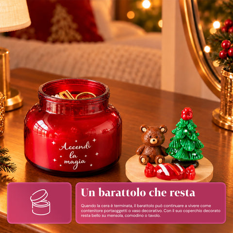 Candela Profumata in Barattolo di Vetro con Coperchio Decorato – Fragranze Pino, Cannella e Vaniglia – Contenitore Riutilizzabile con Scritta