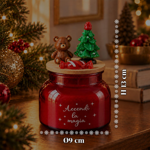 Candela Profumata in Barattolo di Vetro con Coperchio Decorato – Fragranze Pino, Cannella e Vaniglia – Contenitore Riutilizzabile con Scritta