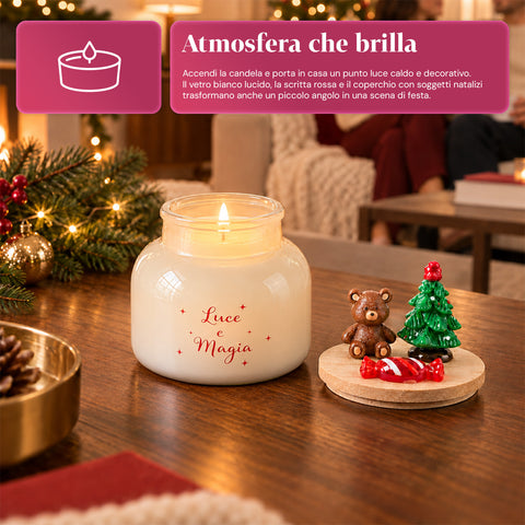 Candela Profumata in Barattolo di Vetro con Coperchio Decorato – Fragranze Pino, Cannella e Vaniglia – Contenitore Riutilizzabile con Scritta
