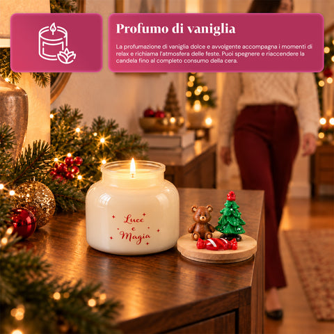 Candela Profumata in Barattolo di Vetro con Coperchio Decorato – Fragranze Pino, Cannella e Vaniglia – Contenitore Riutilizzabile con Scritta