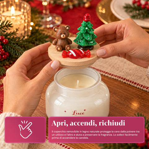 Candela Profumata in Barattolo di Vetro con Coperchio Decorato – Fragranze Pino, Cannella e Vaniglia – Contenitore Riutilizzabile con Scritta