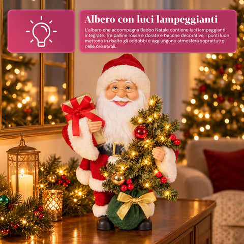 Babbo Natale con Albero 40 cm, Statuina Natalizia Musicale con Luci Lampeggianti, Batterie Incluse, Blindbox
