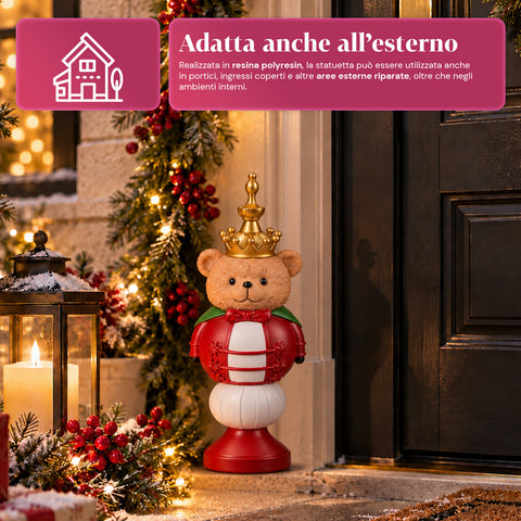 Statuetta Natalizia 35 cm in Resina, Decorazione Natale Babbo Natale, Soldatino Schiaccianoci e Orsetto, Rosso o Bianco, Interno Esterno