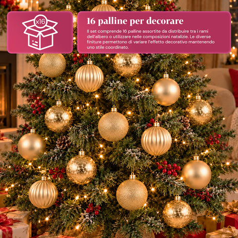 16 darabos törhetetlen karácsonyi gömbdíszkészlet, 7 cm - 4 féle fényes, matt és csillámos felülettel - fadíszek és lakásdekorációk - piros, arany, ezüst