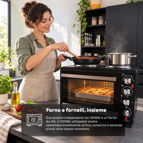 Fornetto Elettrico 40L con Doppia Piastra Elettrica, Grill, 5 Modalità di Cottura, Timer 120 Minuti, 100-250°C e Porta Doppio Vetro
