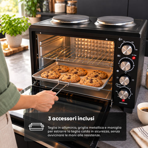 Fornetto Elettrico 40L con Doppia Piastra Elettrica, Grill, 5 Modalità di Cottura, Timer 120 Minuti, 100-250°C e Porta Doppio Vetro