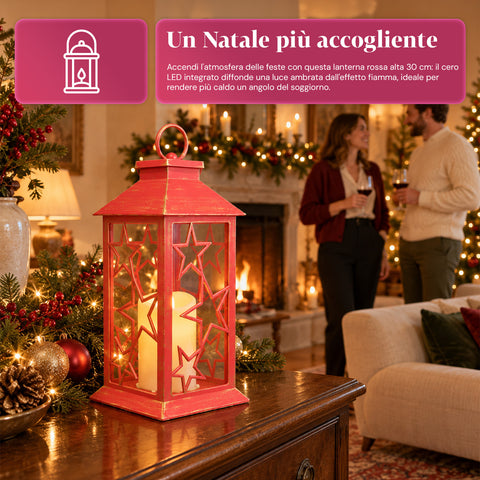 Lanterna Natalizia Rossa LED 30 cm, Cero con Effetto Fiamma, da Appendere o Appoggiare, 14x14x30 cm, 2 Decori Disponibili: Stelle o Fiocchi di Neve