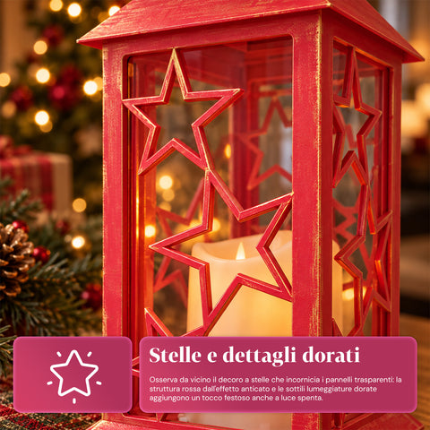 Lanterna Natalizia Rossa LED 30 cm, Cero con Effetto Fiamma, da Appendere o Appoggiare, 14x14x30 cm, 2 Decori Disponibili: Stelle o Fiocchi di Neve
