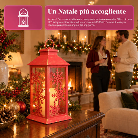 Lanterna Natalizia Rossa LED 30 cm, Cero con Effetto Fiamma, da Appendere o Appoggiare, 14x14x30 cm, 2 Decori Disponibili: Stelle o Fiocchi di Neve