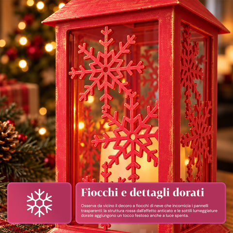 Lanterna Natalizia Rossa LED 30 cm, Cero con Effetto Fiamma, da Appendere o Appoggiare, 14x14x30 cm, 2 Decori Disponibili: Stelle o Fiocchi di Neve