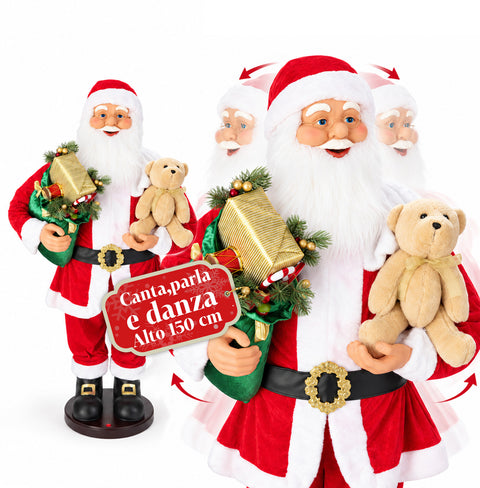 Babbo Natale Danzante 150 cm con Musica, Canto e Movimento - Decorazione Natalizia da Interno con Pulsante, Base 38 cm, Rosso