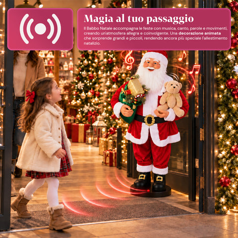 Babbo Natale Danzante 150 cm con Musica, Canto e Movimento - Decorazione Natalizia da Interno con Pulsante, Base 38 cm, Rosso