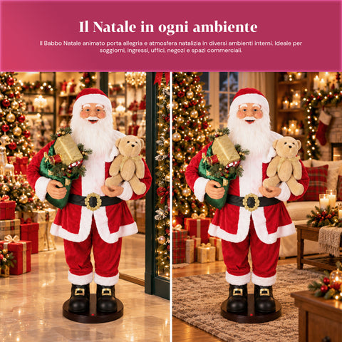 Babbo Natale Danzante 150 cm con Musica, Canto e Movimento - Decorazione Natalizia da Interno con Pulsante, Base 38 cm, Rosso