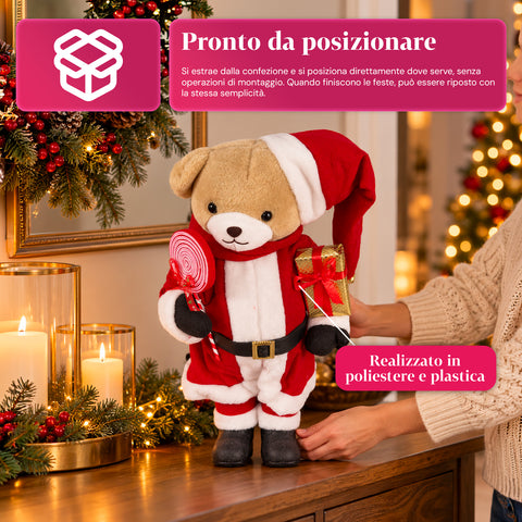 Orsetto Natalizio in peluche con abito rosso e bianco, tre misure per decorare gli interni