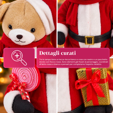 Orsetto Natalizio in peluche con abito rosso e bianco, tre misure per decorare gli interni