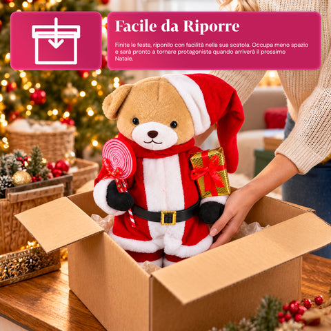 Orsetto Natalizio in peluche con abito rosso e bianco, tre misure per decorare gli interni