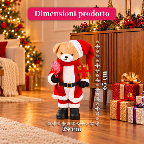 Orsetto Natalizio in peluche con abito rosso e bianco, tre misure per decorare gli interni