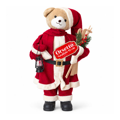 Orsetto Natalizio in peluche con abito rosso e bianco, tre misure per decorare gli interni