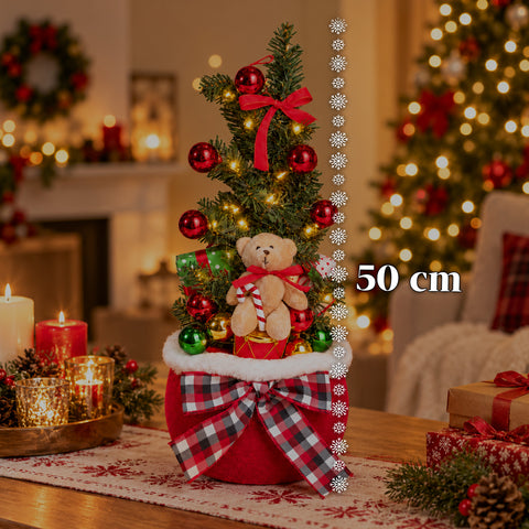 50 cm-es világító zsákos karácsonyi dekoráció karácsonyfával, mackóval és zenével, LED-fényekkel, karácsonyi dísz